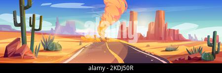 Tornado auf Wüstenstraße Cartoon Natur Landschaft. Windsturm mit Lufttrichter auf der Autobahn mit gesprungenem Asphalt entlang der Sanddünen und Felsen, perspektivische Ansicht mit Lichtreflexeffekt. Vektorgrafik Stock Vektor