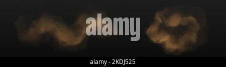 Braune Staubwolken mit Sand und Schmutzpartikeln isoliert auf schwarzem Hintergrund. Textur von Pulver spritzt und fließt. Abstrakte Rauch- und Staubspritzer, Vektor-realistisches Set Stock Vektor