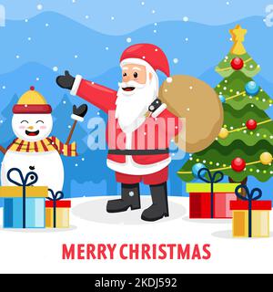 Flache Weihnachtsszenen mit weihnachtsmann, Schneemann, weihnachtsbaum und Geschenkschachteln Stock Vektor