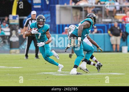 Jacksonville Jaguars wide receiver Zay Jones (7) runs during an NFL  football game against the Washington Commanders, Sunday, Sept. 11, 2022 in  Landover. (AP Photo/Daniel Kucin Jr Stock Photo - Alamy