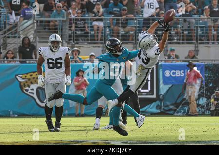 Samstag, 6. November 2022; Jacksonville, FL USA; Der Las Vegas Raiders Wide Receiver Hunter Renfrow (13) kann den Empfang während eines NFL g nicht durchführen Stockfoto