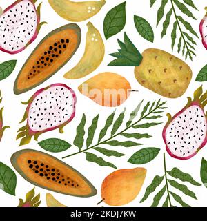Tropisches Früchte-Nahtloses Muster mit isolierten, bunt strukturierten Mango, Bananen, Ananas, Pitahaya, grünen Blättern und Palmzweigen. Exotische Früchte. Stockfoto