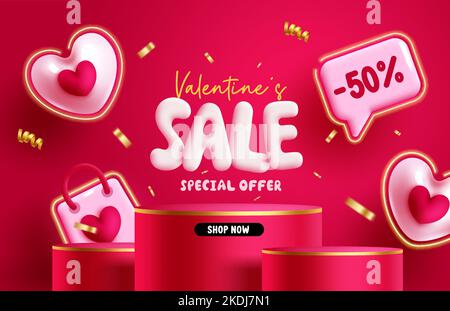 Valentinstag Verkauf Vektor Banner-Design. Text zum Valentinstag-Sonderangebot mit Podium-Bühne für die Promo-Präsentation zur Produktpräsentation. Vektor Stock Vektor