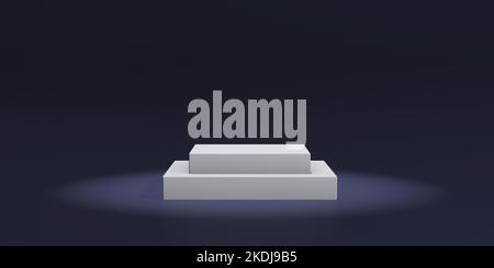 Leerer rechteckiger weißer Laufsteg auf minimalem dunkelblauen Studiohintergrund. 3D Abbildung. Stockfoto