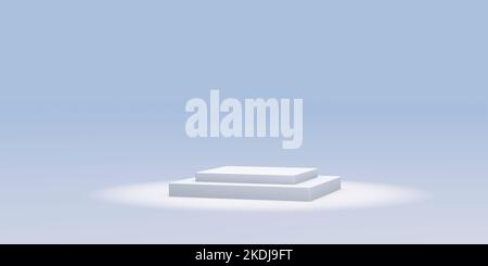 Weißes Podium auf blauem Studiohintergrund. Minimale Ausstellungs- und Geschäftspräsentation. 3D Abbildung. Stockfoto