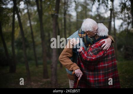 Das ältere Paar umarmt sich im Herbstwald. Stockfoto