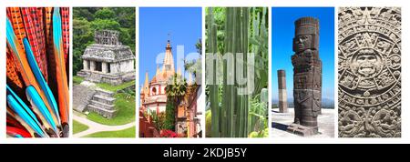 Sammlung von vertikalen Bannern mit berühmten Wahrzeichen von Mexiko - Erzengel-Kirche Dome Turm in San Miguel de Allende, Tempel des Kreuzes Gruppe in Stockfoto