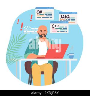 Mann Programmierer arbeiten auf Computer Laptop Vektor Stock Vektor