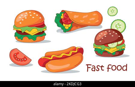 Set von Fast Food. Vegetarischer Burger, amerikanischer Burger, Shawarma, amerikanischer Hot Dog. Vektorgrafik Cartoon-Illustration. Stock Vektor