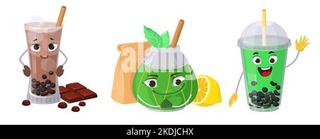 Bubble Tea Emoticon Vektor Mate Face Set Stock Vektor