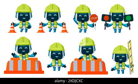 Polizei Roboter Charakter Vektor-Set-Design. Roboter-Verkehrserboter mit Helm und Boxen in Stand- und Haltegesten für die ai-Zustellsammlung. Stock Vektor