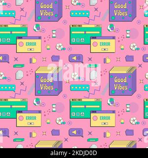 Vaporwave UI und UX Elemente nahtloses Muster. PC-Retro-Spielrahmen. Nostalgischer Stil 70s, 80s, 90s Stock Vektor