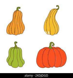 Set von Kürbis in verschiedenen Formen und Farben. Thanksgiving und halloween Elemente. Vektorgrafik im handgezeichneten Stil. Stock Vektor