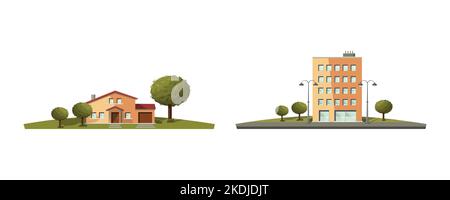 Häuser eingestellt. Freistehendes Haus und Mehrfamilienhaus. Vektorgrafik Stock Vektor