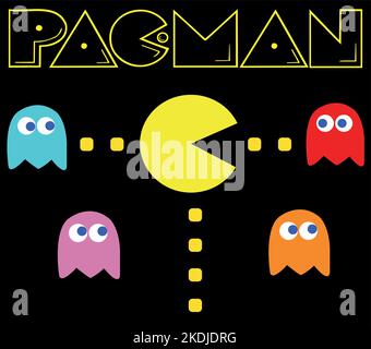 PAC-man mit seinen Feinden vintage Spiel Thema Vektor Illustration. Retro-Computerspiel mit Pac-man-, Pinky-, Blinky-, Inky- und Clyde-Charakteren Stock Vektor