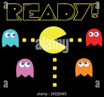 PAC-man mit seinen Feinden vintage Spiel Thema Vektor Illustration. Retro-Computerspiel mit Pac-man-, Pinky-, Blinky-, Inky- und Clyde-Charakteren Stock Vektor