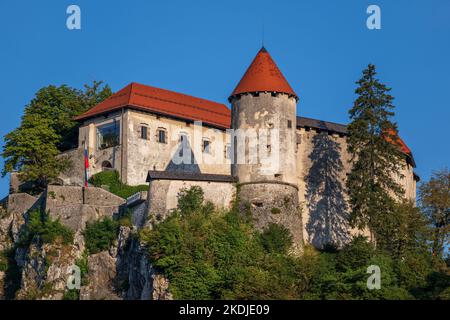 Schloss Bled in Slowenien, mittelalterliche Festung auf einem felsigen Hügel in den Julischen Alpen im Nordwesten Sloweniens. Stockfoto