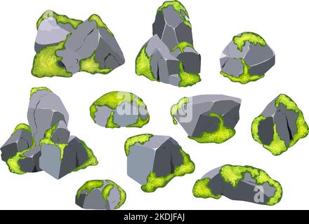 Küstenkiesel, Kopfsteinpflaster, Kies, Mineralien und geologische Formationen.Felsfragmente, Felsbrocken.Sammlung von Steinen verschiedener Formen und Pflanzen, für Stock Vektor