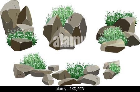 Küstenkiesel, Kopfsteinpflaster, Kies, Mineralien und geologische Formationen.Felsfragmente, Felsbrocken.Sammlung von Steinen verschiedener Formen und Pflanzen, für Stock Vektor