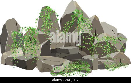 Küstenkiesel, Kopfsteinpflaster, Kies, Mineralien und geologische Formationen.Felsfragmente, Felsbrocken.Sammlung von Steinen verschiedener Formen und Pflanzen, für Stock Vektor