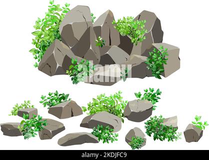 Küstenkiesel, Kopfsteinpflaster, Kies, Mineralien und geologische Formationen.Felsfragmente, Felsbrocken.Sammlung von Steinen verschiedener Formen und Pflanzen, für Stock Vektor