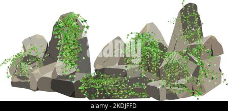 Küstenkiesel, Kopfsteinpflaster, Kies, Mineralien und geologische Formationen.Felsfragmente, Felsbrocken.Sammlung von Steinen verschiedener Formen und Pflanzen, für Stock Vektor