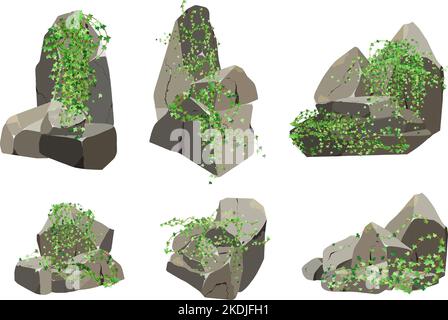 Küstenkiesel, Kopfsteinpflaster, Kies, Mineralien und geologische Formationen.Felsfragmente, Felsbrocken.Sammlung von Steinen verschiedener Formen und Pflanzen, für Stock Vektor