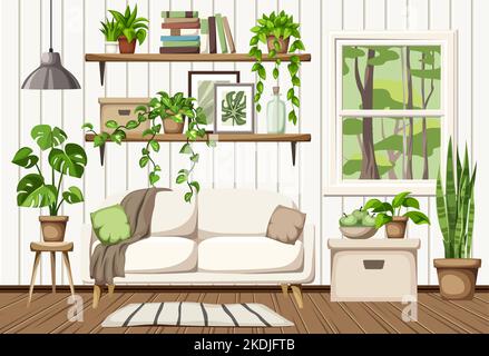 Zimmereinrichtung mit Sofa, Bücherregalen, vielen Zimmerpflanzen und Blick auf den Wald durch das Fenster. Skandinavisches Innendesign. Cartoon-Vektorillust Stock Vektor