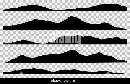 Berge Silhouetten. Panorama-Silhouetten von Hochland, Bergen und felsigen Landschaften isoliert auf transparentem Hintergrund Stock Vektor