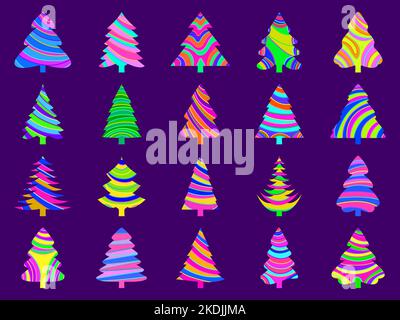 Karamell Süßigkeiten Weihnachtsbaum Symbole Set. Mehrfarbige Weihnachtsbäume im Stil von Weihnachtsbonbons. Design für Banner, Poster und Grußkarten Stock Vektor