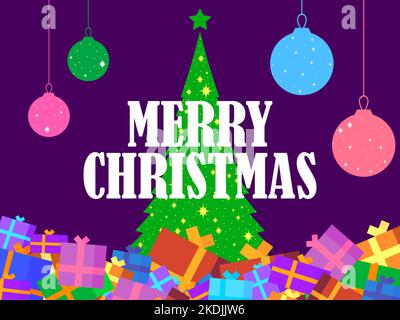 Frohe Weihnachten. Weihnachtsgeschenke unter dem Baum. Hängende Weihnachtskugeln. Stapel von Geschenken mit Bögen. Weihnachtsdesign für Grußkarte, Einladung und banne Stock Vektor