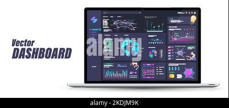Laptop mit Dashboard-Modell. 3D Administrationsbereich für Vektorvorlagen Stock Vektor