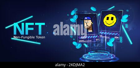 Krypto-Token NFT - Karten mit 3D Hologramm- und Krypto-Münzen Stock Vektor