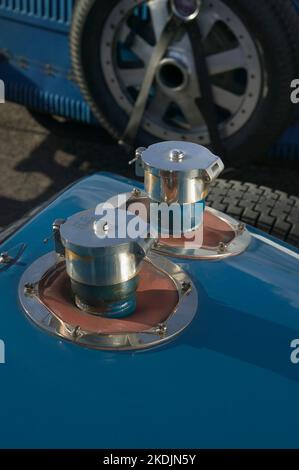 Vintage-Typ-35-Details von Motor, Cockpit und Rädern Stockfoto