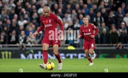 London, Großbritannien. 06.. November 2022. Fabino von Liverpool in Aktion . Premier League Spiel, Tottenham Hotspur gegen Liverpool am Sonntag, 6.. November 2022, im Tottenham Hotspur Stadium in London. Dieses Bild darf nur für redaktionelle Zwecke verwendet werden. Nur zur redaktionellen Verwendung, Lizenz für kommerzielle Nutzung erforderlich. Keine Verwendung bei Wetten, Spielen oder Publikationen eines einzelnen Clubs/einer Liga/eines einzelnen Spielers. PIC by Sandra Mailer/Andrew Orchard Sports Photography/Alamy Live News Credit: Andrew Orchard Sports Photography/Alamy Live News Stockfoto