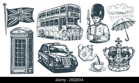 Konzept des Vereinigten Königreichs. England, London eingestellt. Handgezeichnete Sammlung von Illustrationen im Vintage-Stil mit Skizzen Stock Vektor
