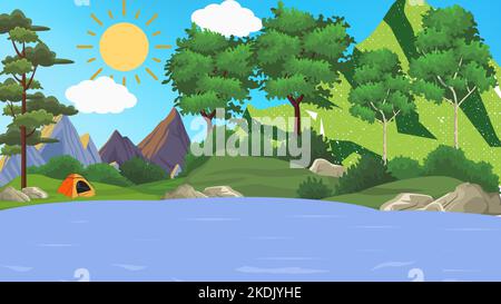 Zelt Camping in den Bergen und Blick auf den See. Banner im flachen Cartoon-Design. Sonniger, wolkiger Tag. Bäume. Panoramalandschaft mit Wildtieren. Abbildung. Stockfoto