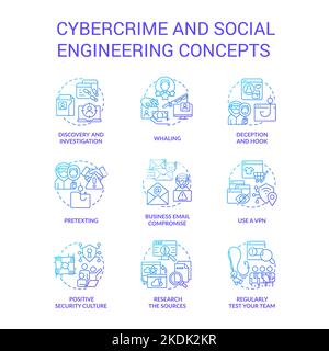 Cyberkriminalität und Social Engineering mit blauem Gradientenkonzept, Symbole gesetzt Stock Vektor