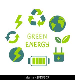 Symbole für das Konzept der grünen Energie. Ökologischer und umweltbezogener Farbsymbole. Erneuerbare Energie Vektor-Zeichenkollektion. Stock Vektor