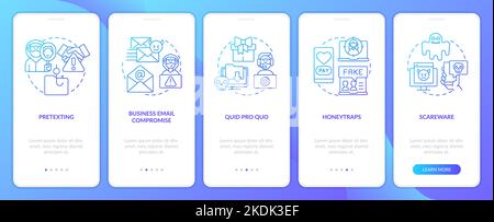 Arten von digitalen Betrug blauer Gradient Onboarding mobile App Bildschirm Stock Vektor