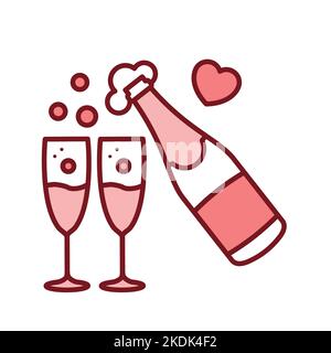 Champagnerflasche und Gläser Linie Farbe Symbol. Stock Vektor