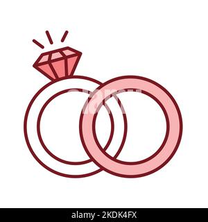 Hochzeit Goldringe mit Diamanten Linie Farbe Symbol. Stock Vektor