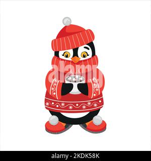Niedlicher Pinguin in einem roten Pullover und Hut mit einer Tasse Kakao auf weißem Hintergrund Stock Vektor