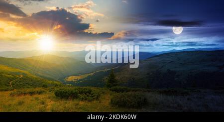 Blick in das Bergtal bei Dämmerung. Tag- und Nachtwechsel-Konzept. Schöne Sommerlandschaft von Traskarpatien mit bewaldeten Hügeln und Gra Stockfoto