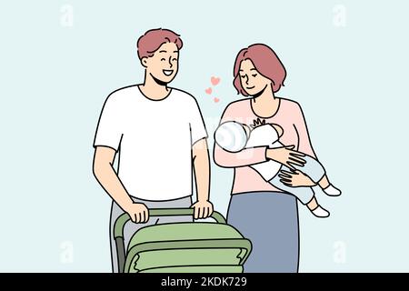 Glückliche junge Familie mit Baby zu Fuß mit Kinderwagen im Freien. Lächelnde Eltern mit Kind in den Händen, die gerne draußen spazieren gehen. Vektorgrafik. Stock Vektor