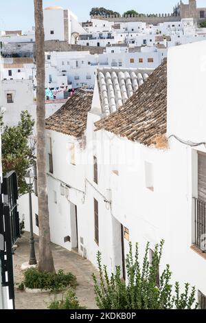 Kleine Straße mit weiß getünchten Häusern in der malerischen Stadt Vejer De La Frontera, Andalusien, Spanien. Stockfoto