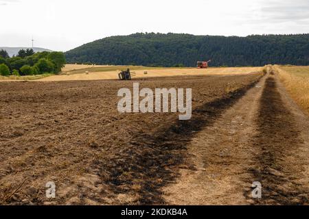 Das Gras auf der Landstraße mit der ausgebrannten Heupresse auf dem Feld gesäugt Stockfoto