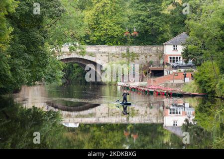 KNARESBOROUGH, Großbritannien - 20. September 2022. Mann in einem Neoprenanzug, der auf einem Paddelbrett auf dem River Nidd, Knaresborough, North Yorkshire, Großbritannien, kniet Stockfoto