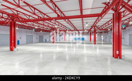 Blick auf ein leeres Industrielager. 3D Rendern Stockfoto