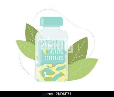 Biologisch aktive Zusatzstoffe BAA Nahrungsergänzungsmittel, Flasche mit Vitaminen, antioxidative Tabletten, Kapseln für die Gesundheit. Vektorgrafik Stock Vektor